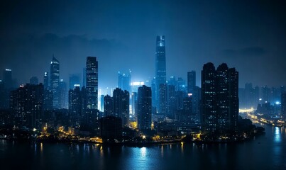Fototapeta premium Night city skyline, illuminated skyscrapers, river reflection.