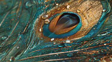 Fototapeta premium Macro Capture of a Stunning Peacock Feather with Vivid Turquoise and Golden Hues, Showcasing Intricate Patterns and Water Droplets for Nature Lovers