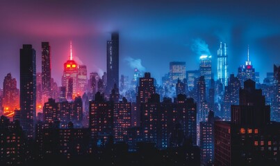 Obraz premium Night city skyline, vibrant colors, fog.