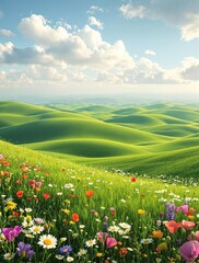 Fototapeta premium Rolling hills covered in emerald green grass and wildflowers, natural beauty, countryside views, green pastures, scenic vistas, rural landscapes