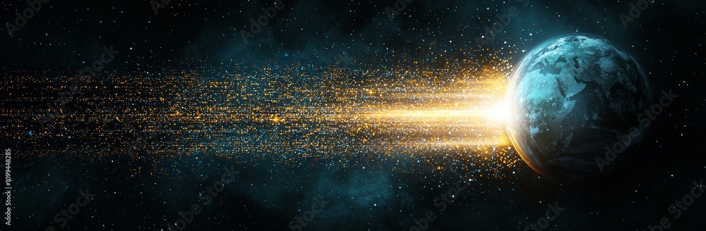 Poster Highlighting the interconnectedness of modern technology, the image shows global connectivity with digital networks and data flow across the Earth, using vibrant lines to represent speed.