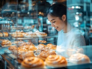 reflection on the bakery window, a woman admiring the baked goods with a smile