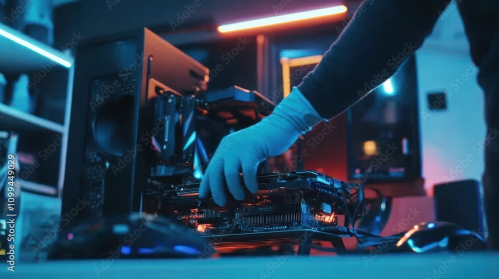 Aufkleber a person in gloves assembling a computer component in a tech workspace.