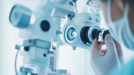 An ophthalmologist examining a patient's eyes using a slit lamp in a well-lit examination room, with ophthalmic instruments visible, Clinical style