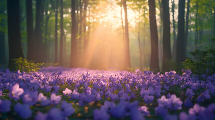 Obraz premium Serene Forest Scene with Sunlight Streaming Through Trees Over a Field of Purple Wildflowers