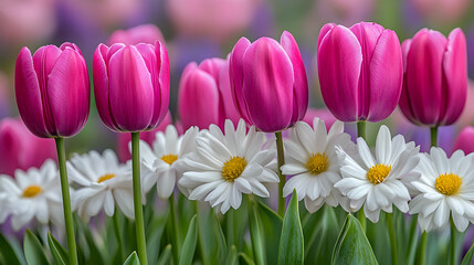 Obraz premium Vibrant Pink Tulips and White Daisies Blooming Together in a Beautiful Spring Garden Setting