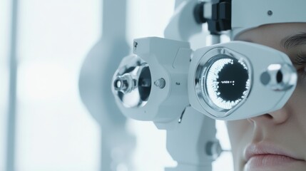 An ophthalmologist examining a patient&rsquo;s eyes with a high-tech eye examination device in a specialized eye care clinic, Clinical style, photo of