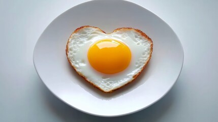 A heart-shaped egg is placed on a white plate, creating a visually appealing and unique presentation. The egg is yellow, and the white plate contrasts with the egg's color