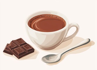 Obraz premium National Hot Chocolate Day banner template with a hot chocolate cup, spoon, and a piece of dark or white chocolate on a light background