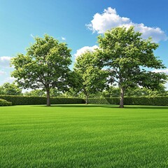 Obraz premium Lush green lawn with a few trees in the background, natural beauty, foliage, serene atmosphere, green grass, outdoors