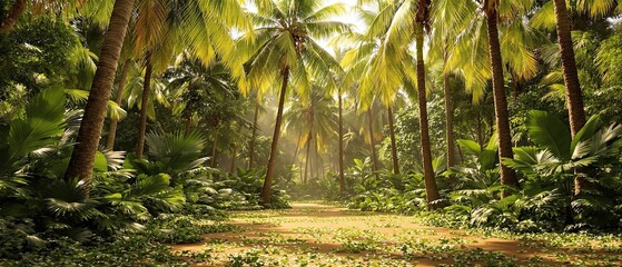 Fototapeta premium Palm leaves scattered on the ground in a tropical clearing, outdoor, green, tropical, nature