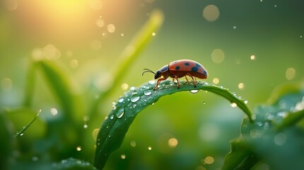 Naklejka premium Crystal Raindrops and a Ladybug’s Journey: A Hyper-Realistic Macro World