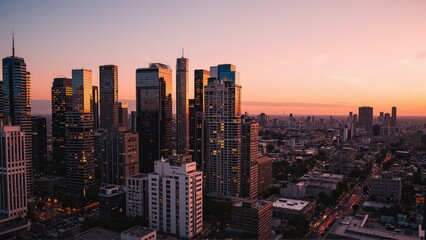Fototapeta premium Generative AI, Modern Metropolis at Sunset with Reflective Skyscrapers