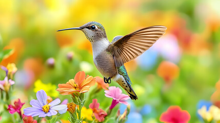 Fototapeta premium Elegant Hummingbird Hovering Amidst Colorful Wildflowers in a Vibrant Garden Setting