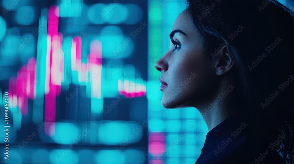 Poster a profile of a woman gazing at digital data visuals, symbolizing analytical thinking and data-driven