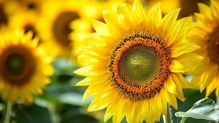 Fototapeta premium Bright Sunflower Blooms in Vibrant Field with Bokeh Background and Lush Green Leaves During Sunny Day