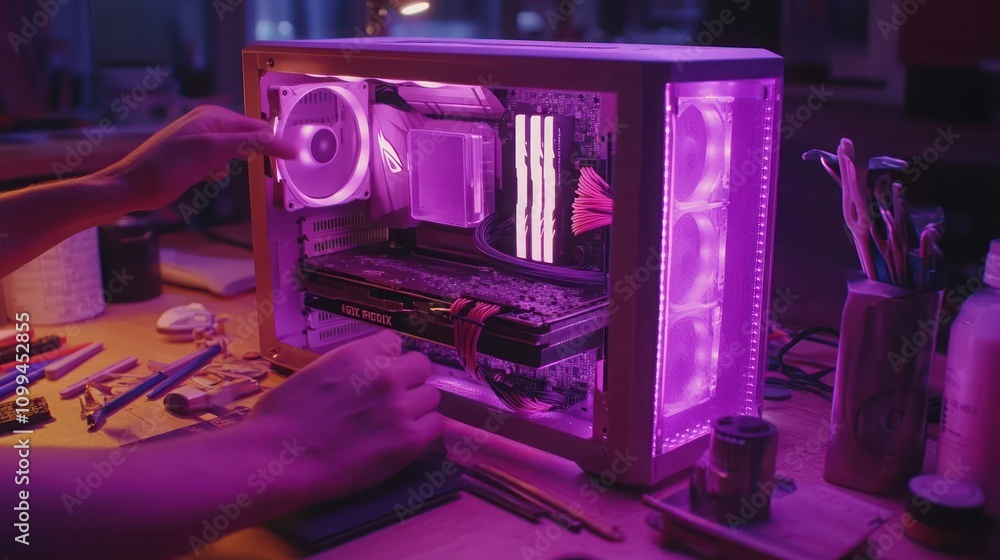 Aufkleber a person assembling a computer with vibrant lighting in a workspace.