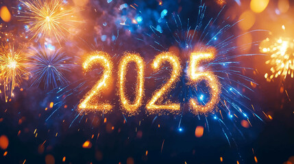 A spectacular fireworks display featuring the year 2025, set against a bright and starry night sky, celebrating the dawn of a new year with vibrant explosions of color.