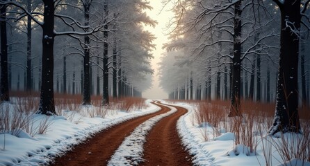 Many intersecting different brown dirt paths surrounded by winter trees, viewed at human eye level, showing a peaceful winter woodland in ultra-realistic detail.