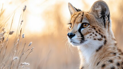 Fototapeta premium Cheetah stalking in golden savanna with alert expression