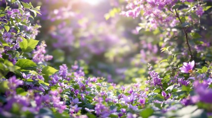 Obraz premium Purple flowers and leaves arranged in a natural setting like a forest or meadow with a soft focus effect, home decor inspiration, botanical detail, nature scene