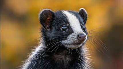Closeup of Curious Black and White Furry Rodent Peering from Autumn Forest Foliage