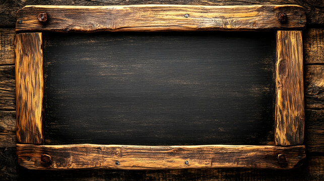 Rustic wooden frame with chalkboard surface on a dark weathered wooden background