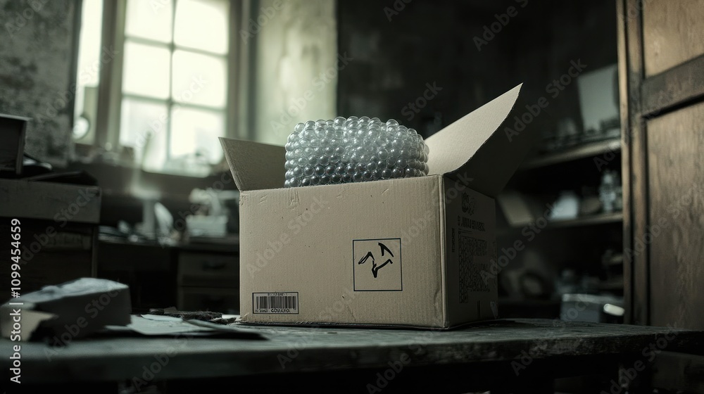 Poster a cardboard box with bubble wrap sits on a table in a dimly lit room filled with objects.