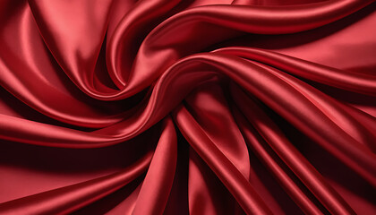Obraz premium Glossy red satin fabric featuring soft folds and an elegant drape. Shiny texture and rich red color add sophistication and luxury, ideal for fashion design. Isolated on transparent background