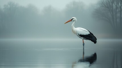 Obraz premium Lone Stork Standing Reflected in Tranquil Misty Pond Landscape