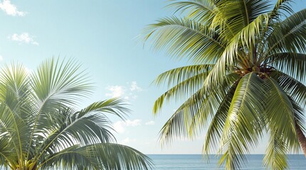 Fototapeta premium Palm fronds swaying in the ocean breeze near the shore, wind, sea