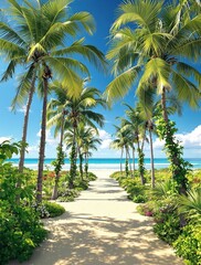 Obraz premium Palm trees sway gently in the breeze as a warm sand path leads to the ocean , serene ambiance, sandy path, tropical landscape
