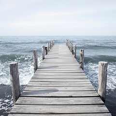 Fototapeta premium Soft ocean waves gently lapping against a weathered wooden dock, abstract light blue, tranquil, wood