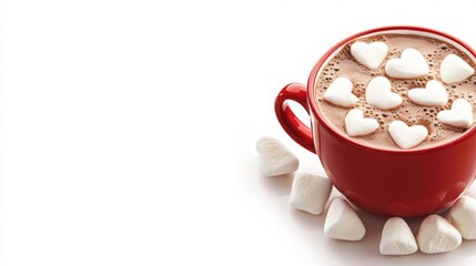 National Hot Chocolate Day banner on white background, red cup filled with marshmallows, creamy hot chocolate drink decorated with heart-shaped marshmallows on a white background.