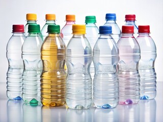 Naklejka premium Elegant Collection of Clear Plastic Water Bottles with Colorful Caps and Blank Labels for Commercial Product Photography on a Clean White Background