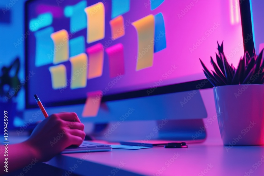 Poster a person is writing on a computer monitor with a yellow