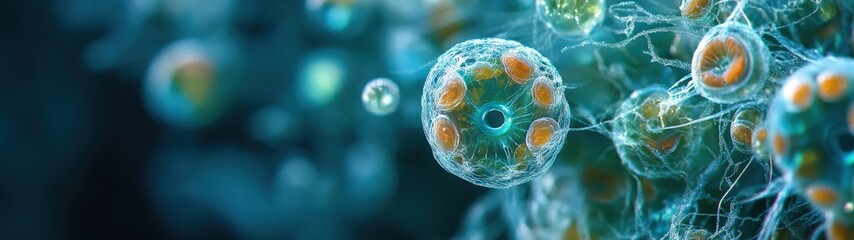 Close-up of vibrant microorganisms showcasing intricate details and colors, perfect for educational and scientific purposes.
