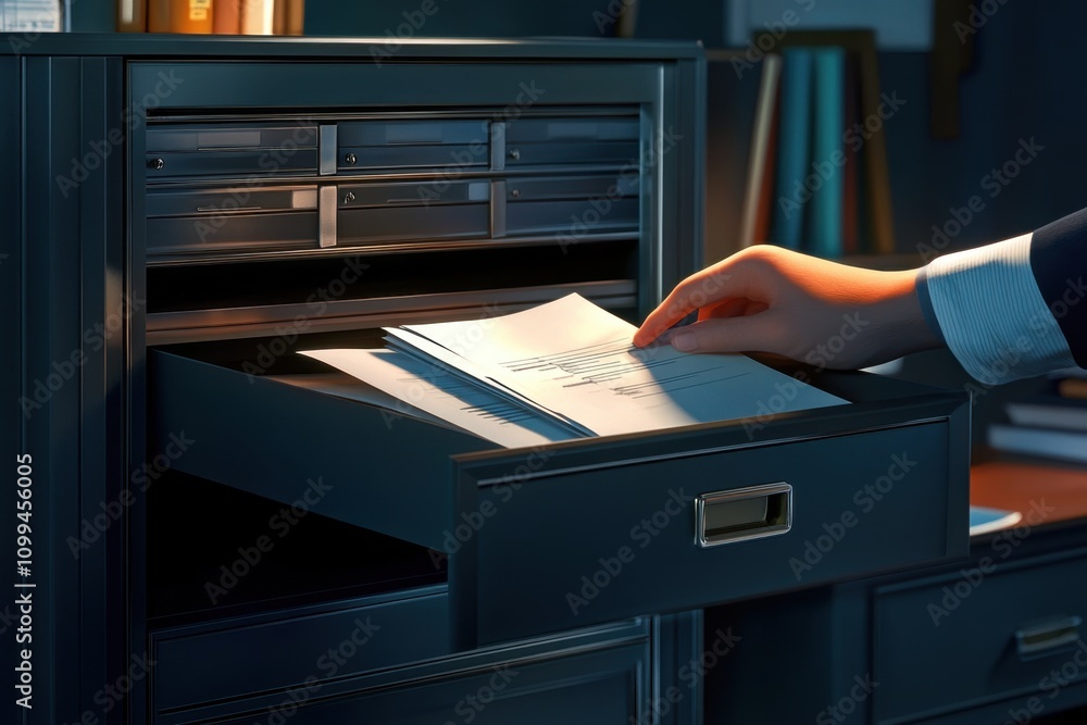 Poster A man is reaching into a filing cabinet drawer and pulling out a stack of papers