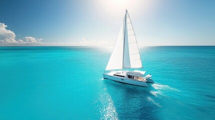Fototapeta premium White catamaran sailing on turquoise ocean under bright sun.