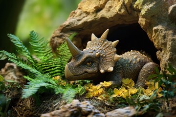 Obraz premium A small dinosaur is sitting in a nest made of twigs and leaves