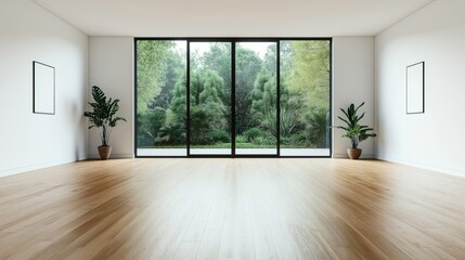 Fototapeta premium Spacious empty room with large glass windows showcasing lush green garden with potted plants and wooden flooring.