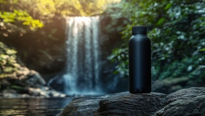 Black Water Bottle Near Waterfall