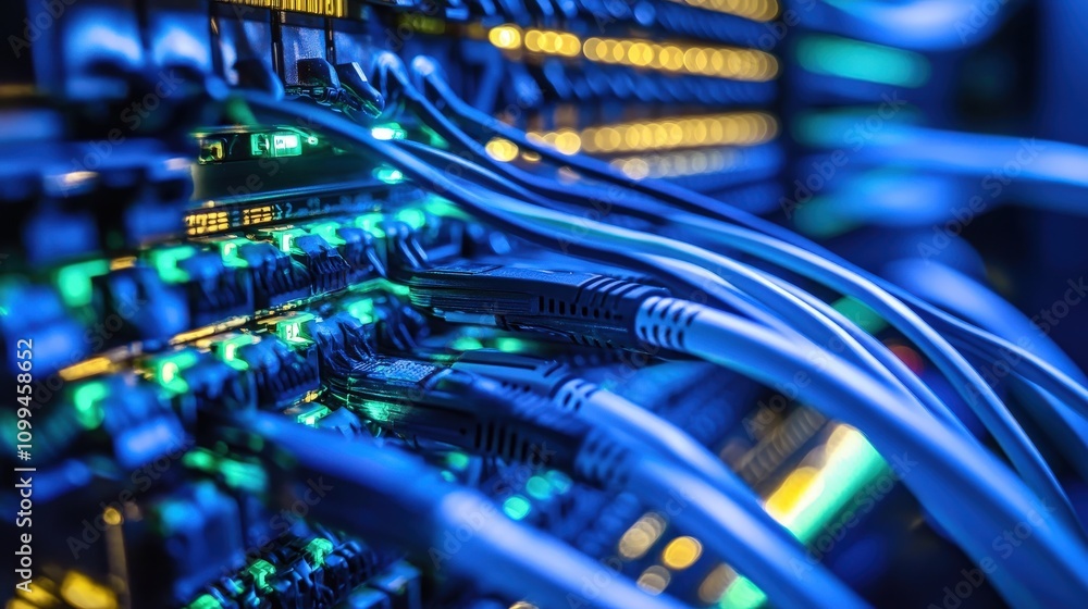 Poster Close-Up View of Network Cables Connecting to a High-Tech Server with Vibrant LED Lights, Showcasing Modern Technology in Data Communication Systems