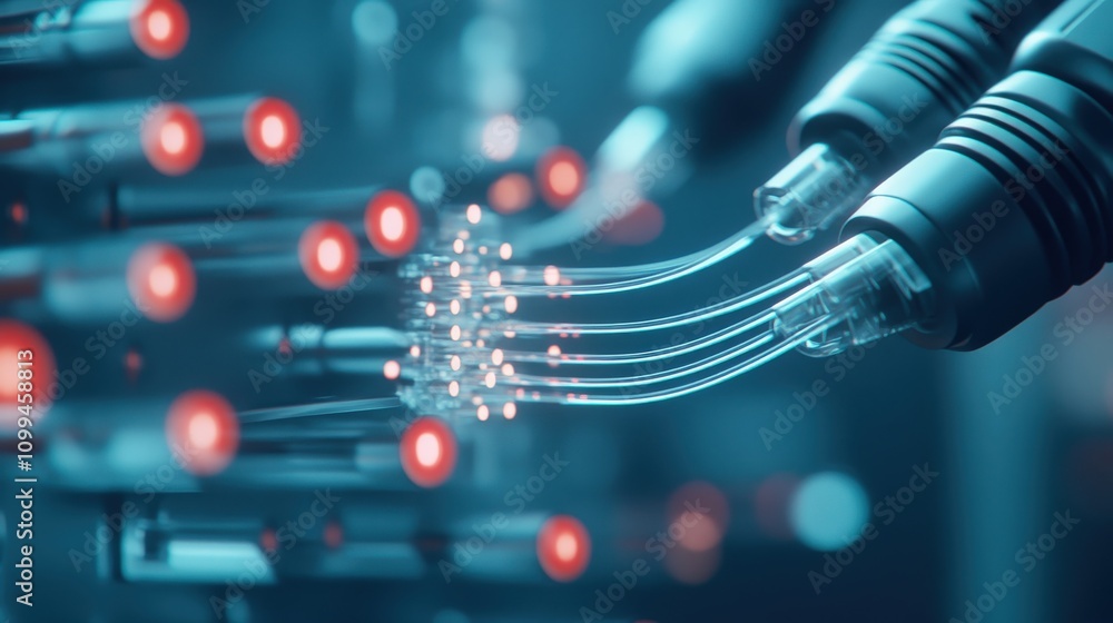 Poster close-up of technology cables with glowing red lights in a futuristic network setting, demonstrating