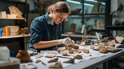 An archaeologist meticulously examines ancient pottery shards in a modern lab, surrounded by tools and focused expressions.