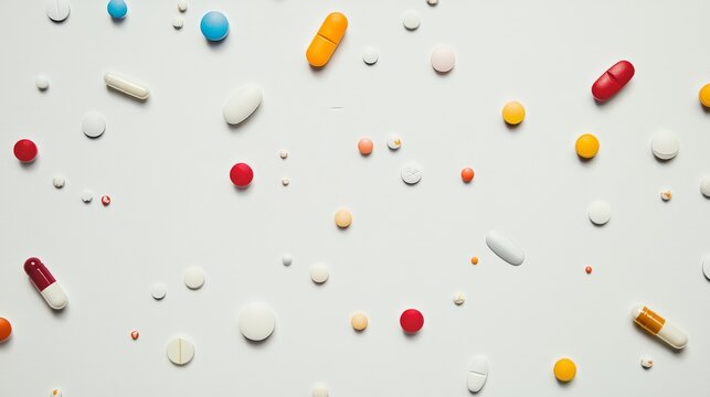 Close-up of a variety of medications and pills arranged in a creative, organized pattern on a clean white surface, Scientific style