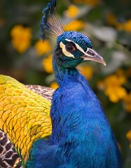 Obraz premium Vibrant Peacock With Colorful Yellow and Blue Plumage in Nature