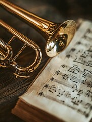 Naklejka premium A gleaming brass cornet sits gracefully on a polished wooden surface beside sheet music, illuminated by soft studio lighting that accentuates its intricate design.