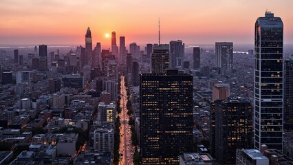 Fototapeta premium Generative AI, Modern Metropolis at Sunset with Reflective Skyscrapers