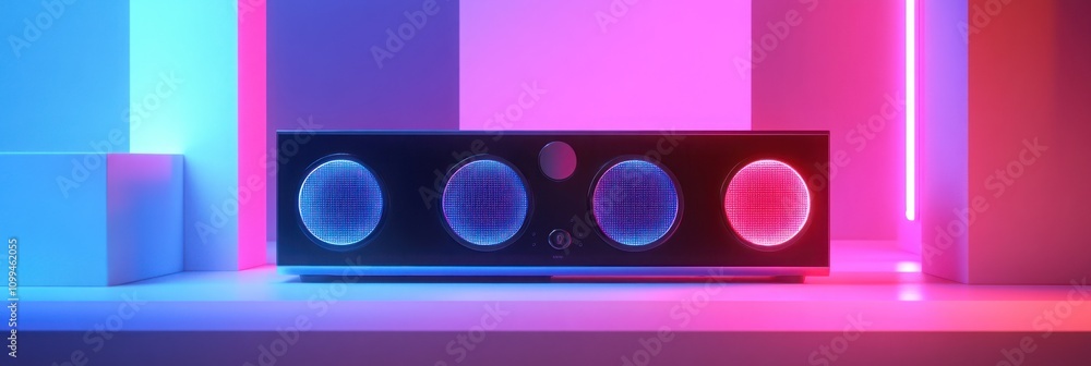 Poster a modern speaker with glowing elements on a minimalist display.